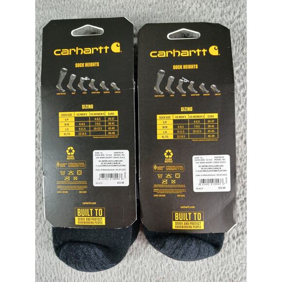 Carhartt Socks 2-PACK Merino Wool Mens XL (12-14.5) Black Short Crew Boots NWT - Picture 2 of 3